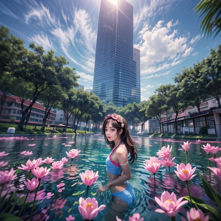 280th floor infinity pool，The tallest building in the urban forest, {Around bonsai|Luo Han Song|coconut palms|tulips|Rose flower}, ExtermlyDetaild(ProfessionlPhoto of Girl floating in the sky:1.37)(Masterpiece 8K TopQuality:1.2), ExtremelyDetailed KAWAII face Eyes{ElaboratePupils with (SparklingHighlights:1.28)|DoubleEyelids with (Voluminous LongEyelashes:0.88)|RosyCheeks} BREAK   Detailed impeccable Radiant PearlSkin with Transparency (Skinny SchoolSwimwear:1.37) beautiful graceful {HiddenHand|Corrected BabyLikeHand} (Whole Body Proportions and all limbs are Anatomically Accurate)