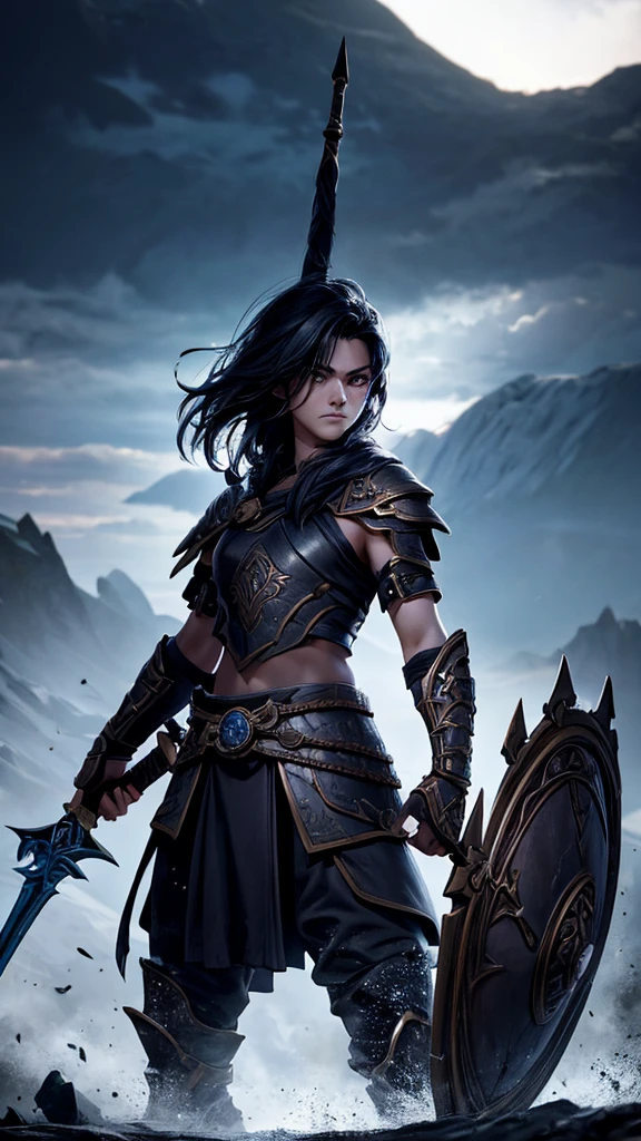 Create an image of a warrior in the style of Elden Ring, raising a sword and shield to the sky. The setting should be a devastated land at night, with a dark theme and a dark background. The warrior should be in the center of the image and be the main focus.