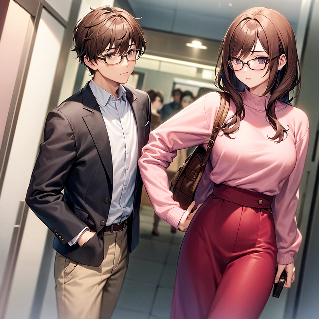 A man with glasses and brown hair, a boyfriend with a pink outfit. 
