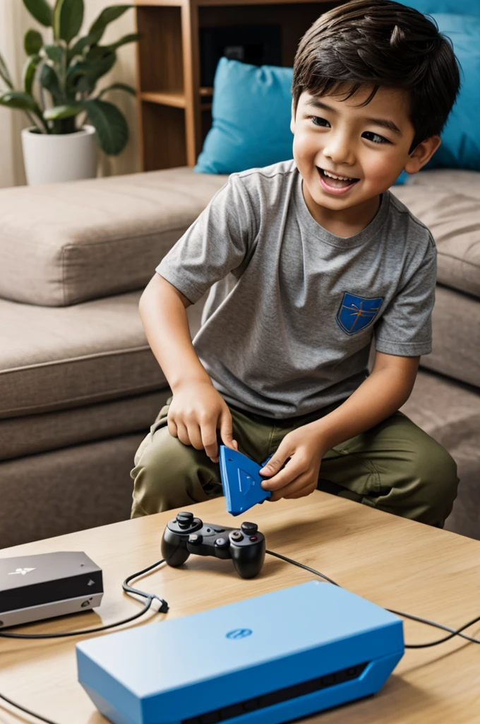 Boy playing console excited