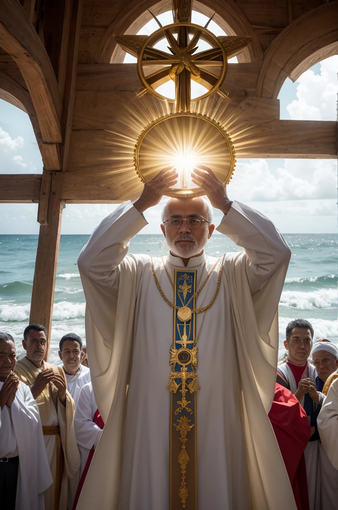 Create a digital image of the Eucharistic Miracle of Tumaco. Show Father Gerardo Larrondo holding the consecrated host towards the sea, while the community prays around. The giant waves must recede before the Eucharist, symbolizing divine intervention. Use dramatic colors and rays of heavenly light radiating from the host to highlight the divine presence and faith of the community.