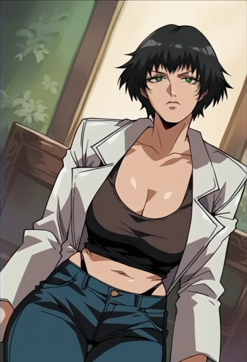 lady (from devil may cry 5:1.1), black short hair, green eyes, perfect face, white jacket, black thong panties, milf, mature, black jeans
