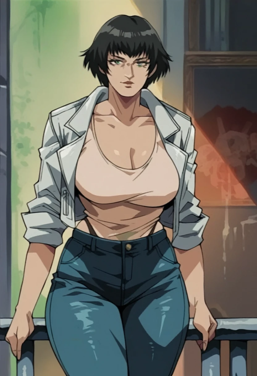 lady (from devil may cry 5:1.1), black short hair, green eyes, perfect face, white jacket, black thong panties, milf, mature, black jeans
