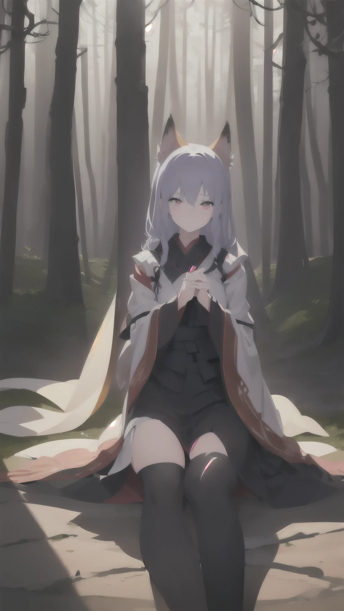 name: Yuuka-View UEST Art Research Element: UMBRANOX
Description: A kitsune sorceress hailing from the enchanted forests of Kyoto, Yuuka bewitches opponents with her powers over darkness and mist, where secrets are revealed and alliances are adjusted. Veiled in deception, she glows within the oubroiros, ensuring missteps cost opponents dearly.
Prompt: (((((Internal prime mover within the shadows, Enigmatic Fabricator, superior rendering, ultra-high definition)))), 1female, thoughtful, sitting, (silver fur, red eyes:1), short fox-like ears, long, traditional Japanese dress, ((pale skin discoloration:0.5, ashkin of age:0.3))), ((boyish face borderline feminine)), (((observant face:0.8, detailed face:0.9))), leaving way for rain, ruled Grafshil Woods, 35 years old, torn kimono revealing bandages (( revealed mysterious markings aligned alongImage.right())), ((hands crossed in her lap)), mysterious smirk, ((deep, shadowed eyes)), precise painting branches and magical contraptions, woodland surroundings, distinct subject, always watching you
