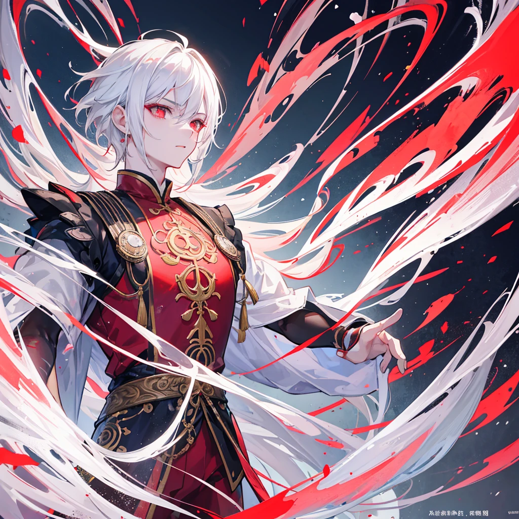 a young man with white hair and red eyes, chinese style outfit, solar obsidian aura, detailed facial features, detailed clothing, highly detailed, 8k, photorealistic, digital art, cinematic lighting, dramatic lighting, fantasy,