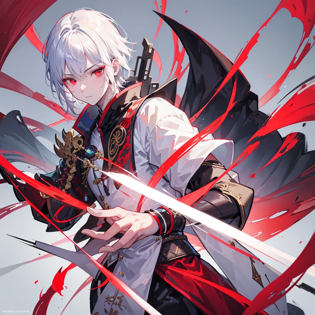 a young man with white hair and red eyes, chinese style outfit, solar obsidian aura, detailed facial features, detailed clothing, highly detailed, 8k, photorealistic, digital art, cinematic lighting, dramatic lighting, fantasy,
