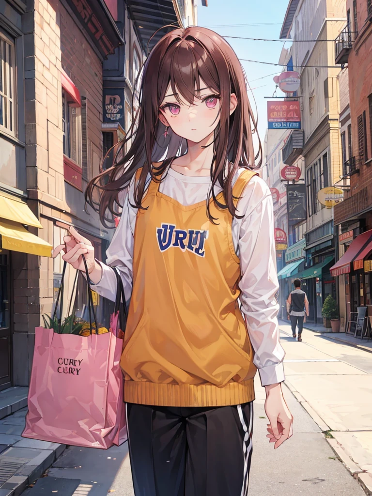 boy, pink eyes, curry brown hair, wear unifrom, background in town. handsome man.