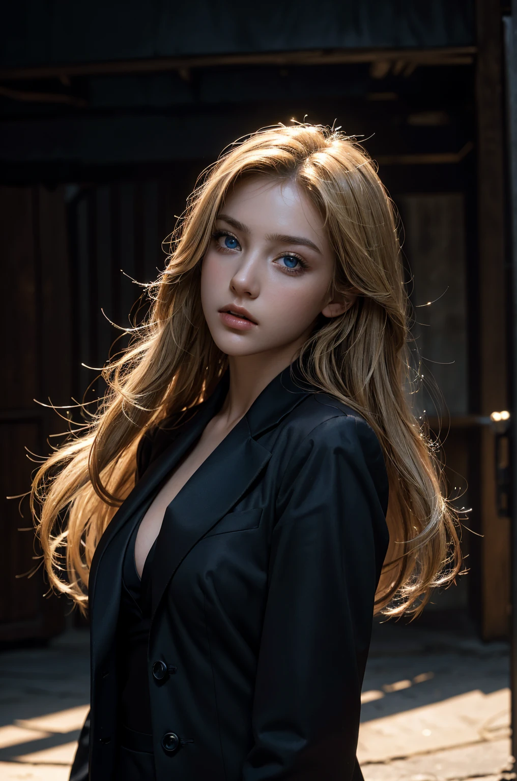 Best quality, masterpiece, ultra high res, (photorealistic:1.4), raw photo, 1girl, blonde hair, blue eyes, detailed eyes and face, black suit, dynamic lighting, in the dark, deep shadow, low key, cowboy shot full-lenght body