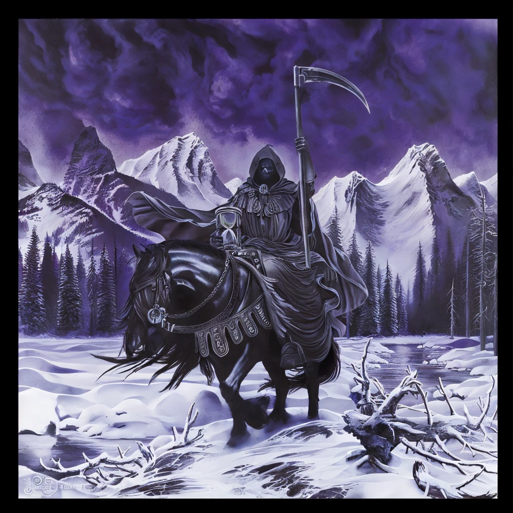 hooded death on horseback with a scythe in the snow, A dark (hooded) figure, with the face of death depicted as a skull, ((holding an hourglass in his right hand and raising an imposing oz with his left hand)), dark fantasy oil painting, cinematic lighting, detailed facial features, detailed clothing, dramatic composition, moody colors, deep shadows, intricate background details, realistic rendering, masterpiece, cinematic lighting, photorealistic, highly detailed, dramatic atmosphere, chiaroscuro, muted color palette, intricate details, mystical and foreboding tone