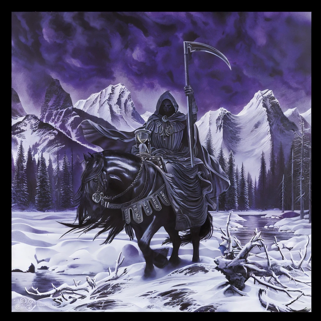 hooded death on horseback with a scythe in the snow, A dark (hooded) figure, with the face of death depicted as a skull, ((holding an hourglass in his right hand and raising an imposing oz with his left hand)), dark fantasy oil painting, cinematic lighting, detailed facial features, detailed clothing, dramatic composition, moody colors, deep shadows, intricate background details, realistic rendering, masterpiece, cinematic lighting, photorealistic, highly detailed, dramatic atmosphere, chiaroscuro, muted color palette, intricate details, mystical and foreboding tone