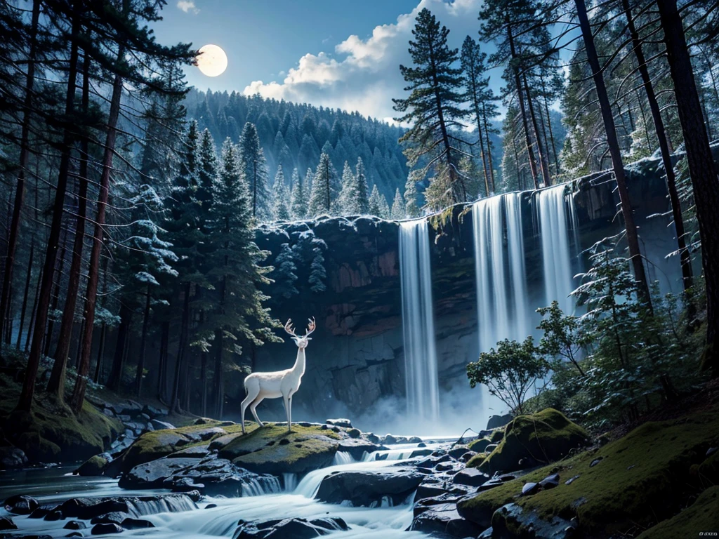 Beautiful forest, detailed image of a majestic male white deer, moonlit night, waterfall in a valley, masterpiece, detailed moon, detailed expression