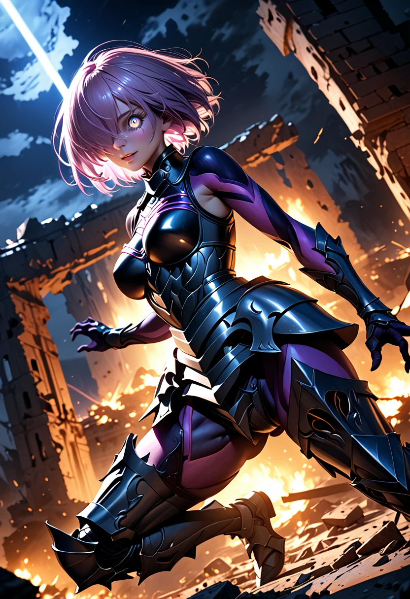 (masterpiece, top quality, best quality, beautiful and aesthetic:1.2), full body, SFW, extremely detailed, detailed face and eyes, cinematic light, depth of field, 1girl, seducing smile, solo, official, (full armored knight:1.4), dark armor, mash kyrielight, light purple hair, short hair, hair over one eye, slim body, cinematic lighting, dramatic lighting, dramatic atmosphere, hyper-realistic, high resolution, stunning contrast, high quality, best quality, 8k, 4k, intricately detailed, (amazing details:1.2), highly detailed skin, powerful presence, vibrant colors, (detailed eyes:1.2), striking eyes, (detailed background), (warzone on background, night, ruins), (dynamic angle:1.2), (dynamic pose:1.2)