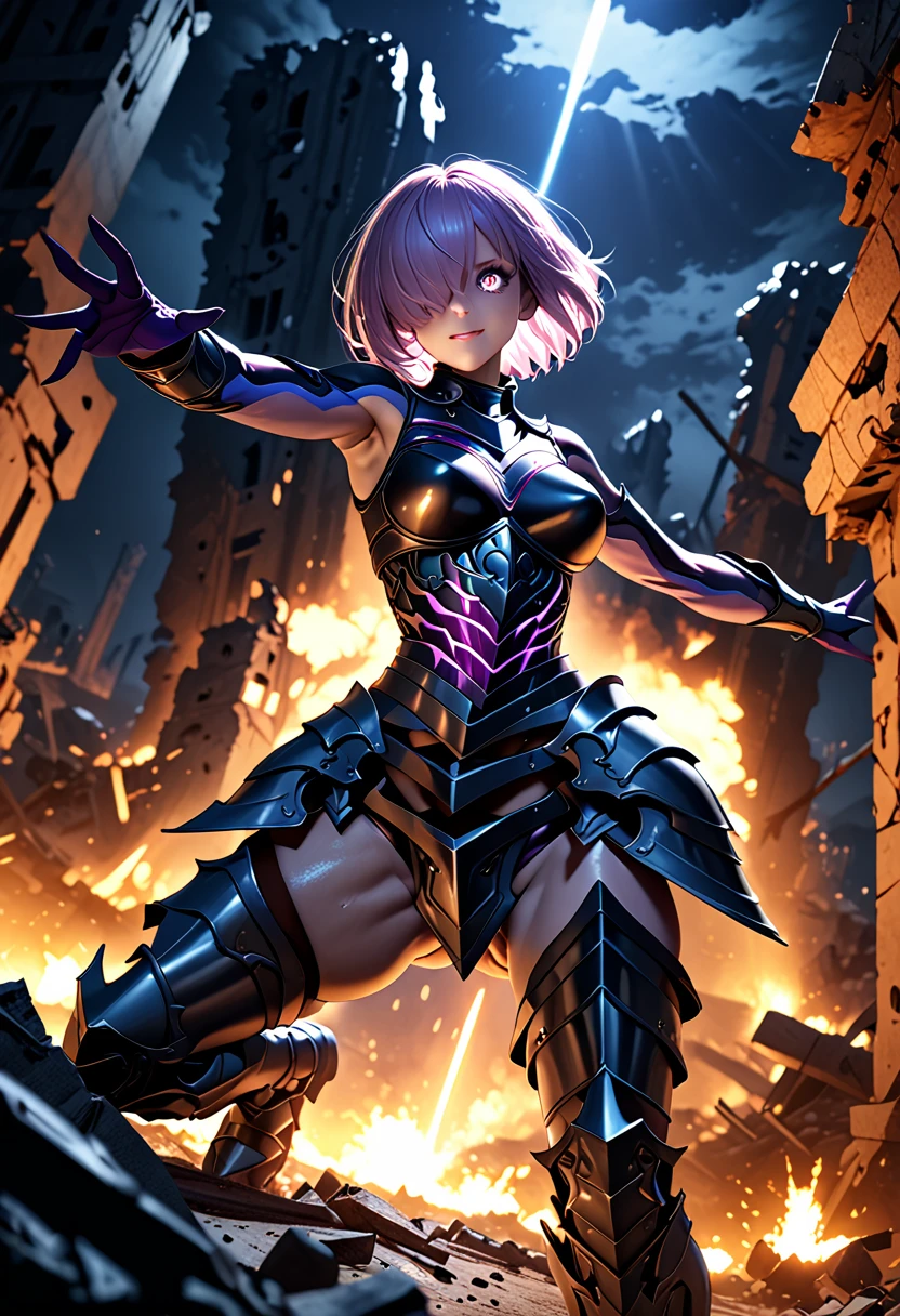 (masterpiece, top quality, best quality, beautiful and aesthetic:1.2), full body, SFW, extremely detailed, detailed face and eyes, cinematic light, depth of field, 1girl, seducing smile, solo, official, (full armored knight:1.4), dark armor, mash kyrielight, light purple hair, short hair, hair over one eye, slim body, cinematic lighting, dramatic lighting, dramatic atmosphere, hyper-realistic, high resolution, stunning contrast, high quality, best quality, 8k, 4k, intricately detailed, (amazing details:1.2), highly detailed skin, powerful presence, vibrant colors, (detailed eyes:1.2), striking eyes, (detailed background), (warzone on background, night, ruins), (dynamic angle:1.2), (dynamic pose:1.2)