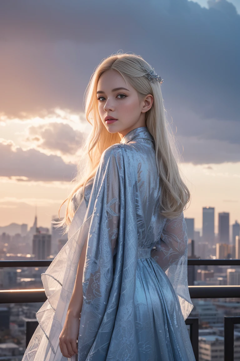 a beautiful ta fashion women wearing chic attire, subtle makeup, platinum blonde hair, confident pose, with a cityscape background during golden hour goddess, pattern cloak, patterned chiffon robe,(phoenix pattern),windy, wet_clothes, wet hair,white background, Dreamy clouds, spit a blue pentagram light, crystal and silver entanglement highly detailed, extremely detailed, photorealistic, high detail, wallpaper award, winning hyper realistic, ultra detailed, high definition, crisp quality, Ultra realistic. RAW photo, high quality, detail, virtual photographer, photo mode, elegant, high detail, digital painting, concept art, HDR, CGI, by Jeremy Lipking, by Katsuhiro Otomo, by Raymond Swanland, by Antonio Manzanedo