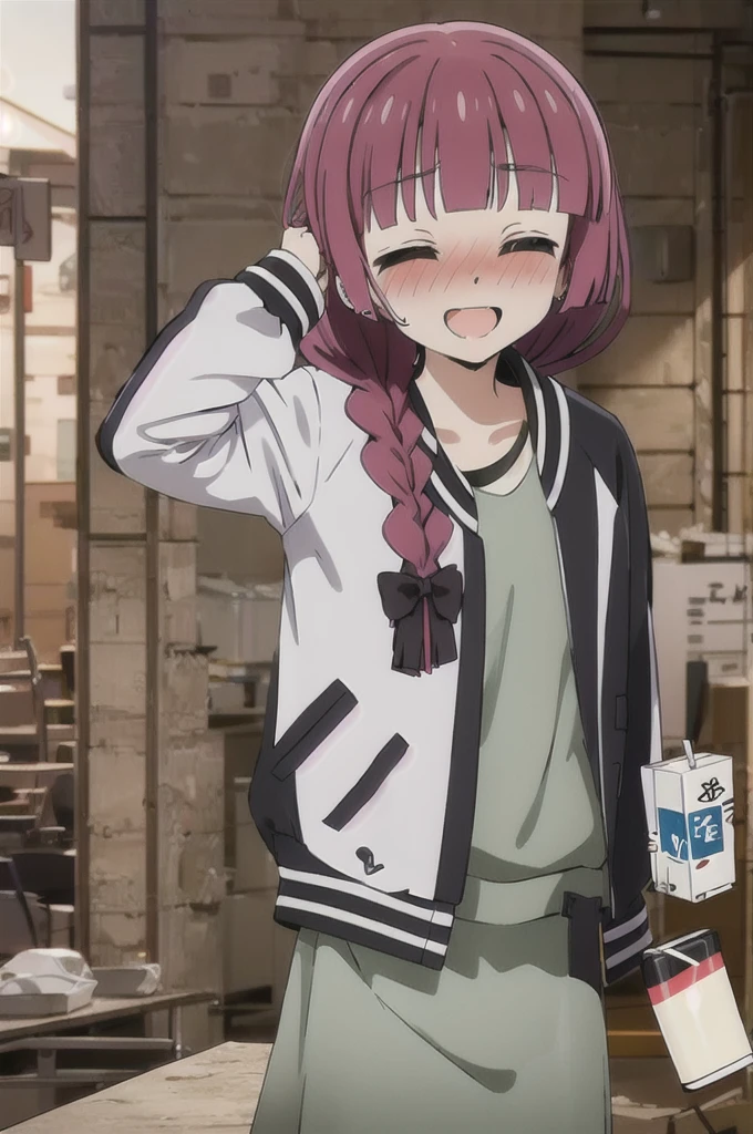 ((((パンティ))))、(masterpiece), best quality, indoor, upper body, sitting, drinking alcohol,
, indoor, nose blush, closed eyes, drunk, alcohol, blush, facing viewer, green dress, single braid, dress, two-tone jacket, holding, multicolored jacket, medium dress, smile, 1girl, jacket, open clothes, open jacket, sake, multicolored clothes, chibi, juice box, blunt bangs, :d,, white jacket, black jacket, black bow, holding bottle, long sleeves, y, bottle
hiroi kikuri,long hair, hair over shoulder ,single braid