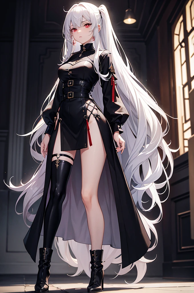 Girl, 20 years old, with long white hair down to below her waist, a serious yet tender expression, and red eyes. Her hair features black streaks. She wears antique-style clothing, a long black dress with a slit on the legs, and high black boots that almost reach her knees. Her power and background are related to shadows and darkness. dark escense, figth stance