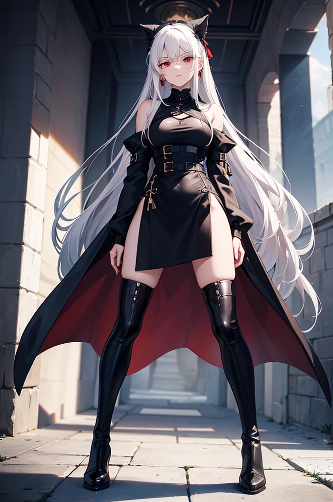 Girl, 20 years old, with long white hair down to below her waist, a serious yet tender expression, and red eyes. Her hair features black streaks. She wears antique-style clothing, a long black dress with a slit on the legs, and high black boots that almost reach her knees. Her power and background are related to shadows and darkness. dark escense, figth stance