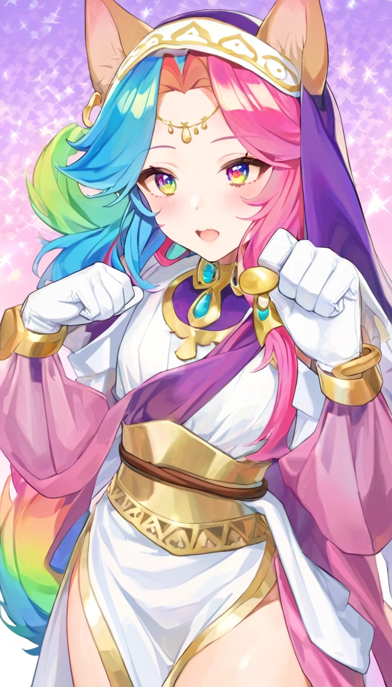 ,(((male:1.3))),((Rainbow hair:1.3)),(Shiny marble eyes:1.45),(forehead mark),(NSFW:1.15),((drooping dog ears:1.2)),(A lustrous, soft face:1.4),((blush、Waiting for a half-open kiss、Excited face:1.2)),((head down:1.3)),((POP and cute animal footprint background:1.25)),((Gorgeous Arabian costume:1.3)),(black、purple、white、pink),((paw pose:1.4))