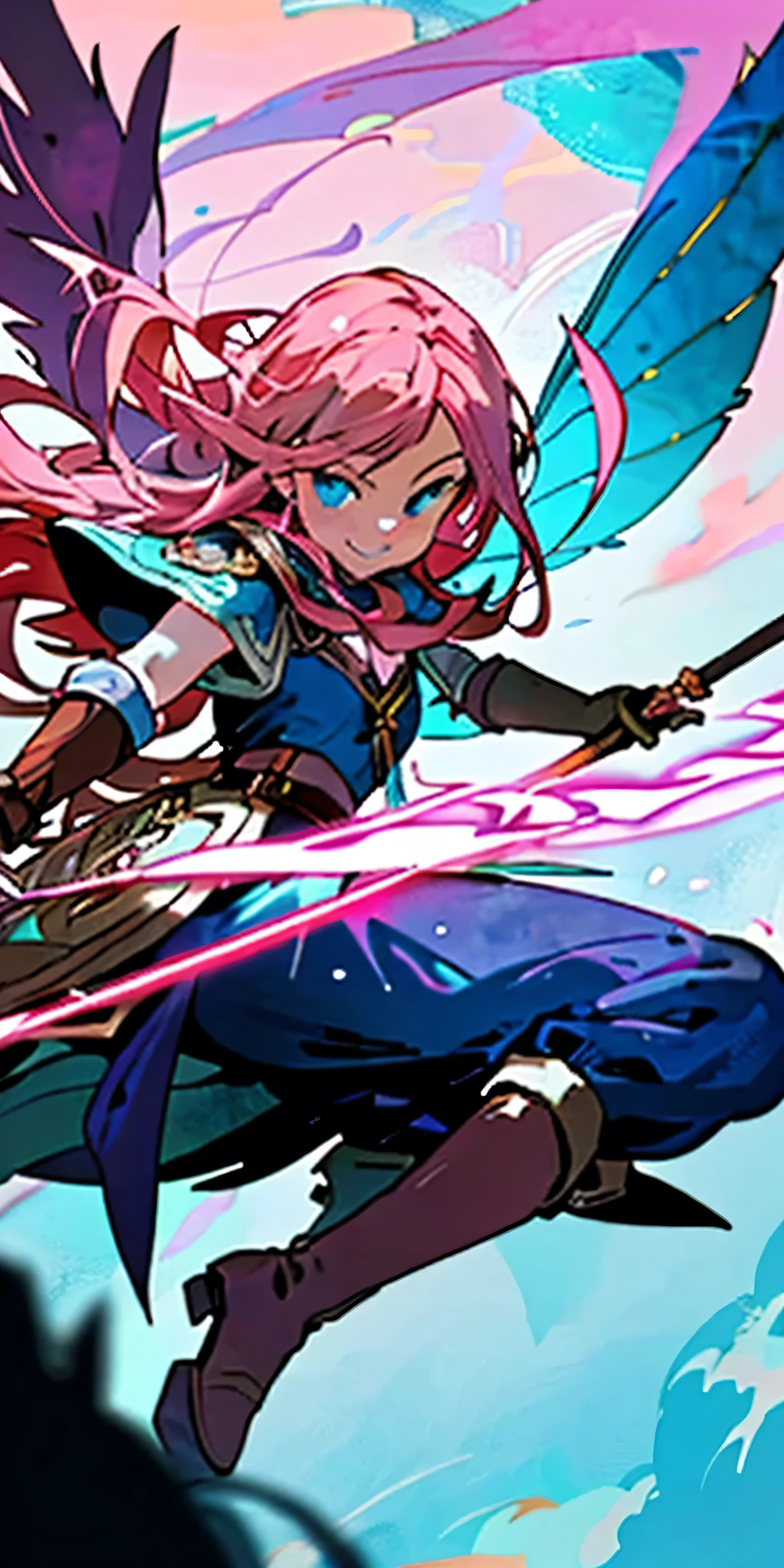 Very detailed illustration of a valkyrie, elf woman, long dark-pink hair, smirk, blue eyes, fairy wings, holding rapier, knee-length brown leather boots, blushed, zoomed, detailed colorful port environment, whimsical, tetradic colors, cartoon, darkest dungeon merged with league of legends, MSchiffer, fairytale, fantasy, cartoonish vector, anime, manga, vibrant, soft pastel colors, (cel-shaded) flat coloring