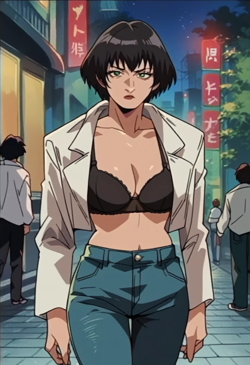 lady (from devil may cry 5:1.1), black short hair, green eyes, perfect face, white jacket, black bra black thong panties, milf, mature, black pants jeans, in city, night
