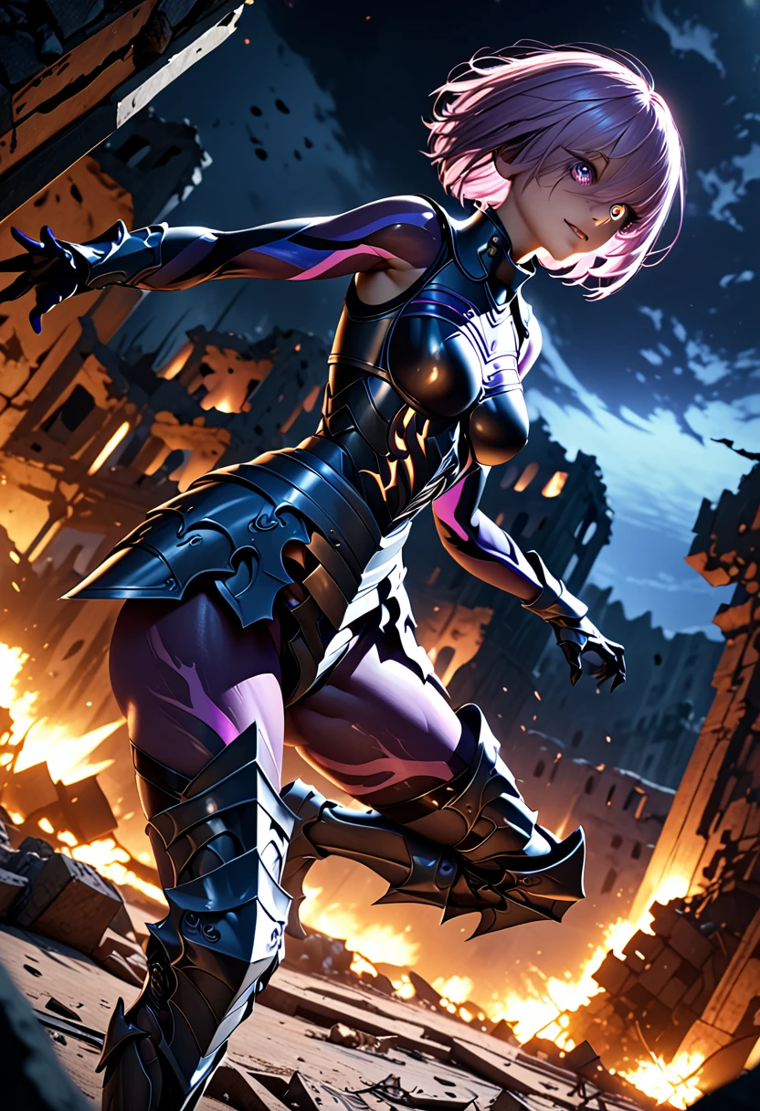 (masterpiece, top quality, best quality, beautiful and aesthetic:1.2), full body, SFW, extremely detailed, detailed face and eyes, cinematic light, depth of field, 1girl, seducing smile, solo, official, (full armored knight:1.4), dark armor, mash kyrielight, light purple hair, short hair, hair over one eye, slim body, cinematic lighting, dramatic lighting, dramatic atmosphere, hyper-realistic, high resolution, stunning contrast, high quality, best quality, 8k, 4k, intricately detailed, (amazing details:1.2), highly detailed skin, powerful presence, vibrant colors, (detailed eyes:1.2), striking eyes, (detailed background), (warzone on background, night, ruins), (dynamic angle:1.2), (dynamic pose:1.2)