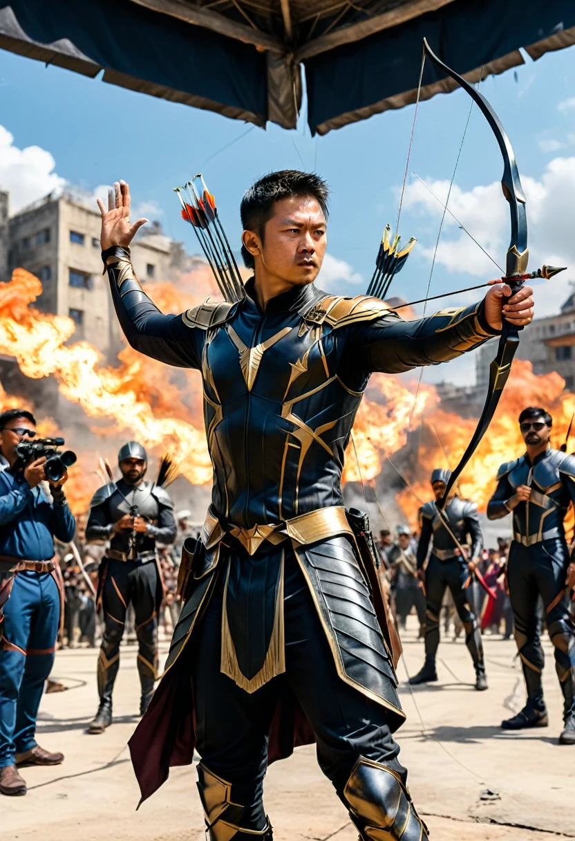 (Archer, bow and arrow), The Hawkeye dressed in meticulously designed costumes and performing smooth and powerful movements. Surrounded by a busy photography team and expectant audience, the background is a film shooting scene filled with equipment and personnel, full body, (Photography), panoramic view, award-winning, cinematic still, emotional, vignette, dynamic, vivid, (masterpiece, best quality, Professional, perfect composition, very aesthetic, absurdres, ultra-detailed, intricate details:1.3)