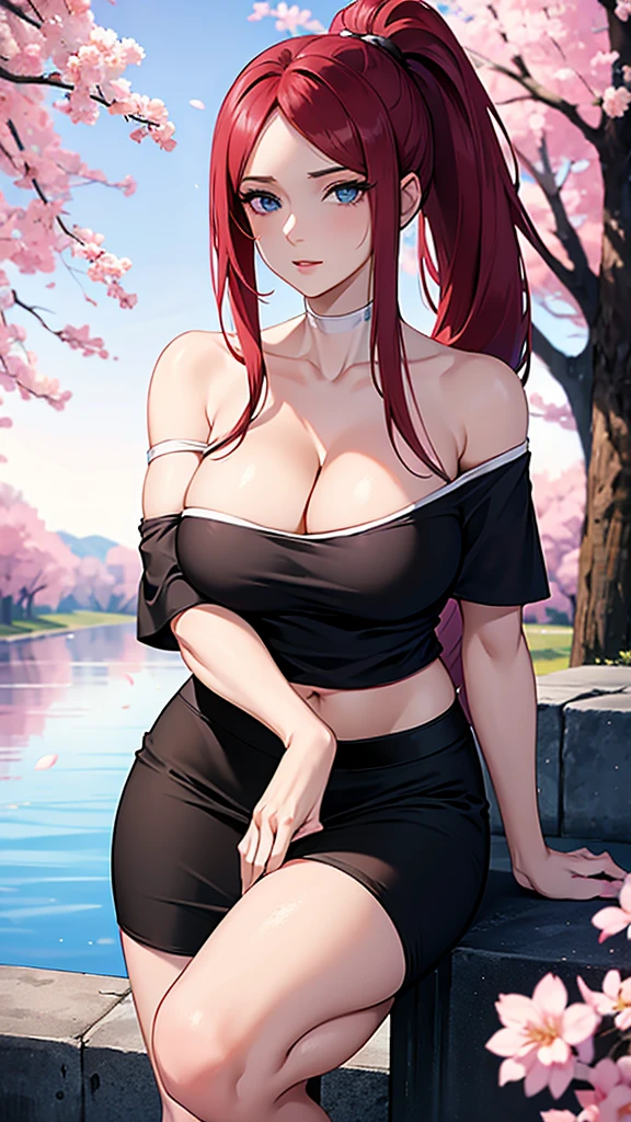 best quality, highres,uzumaki_kushina,Slender、small face、blue eyes、tall、In town、long hair、ponytail,(white short sleeve t-shirt:1.4 BREAK)、(black skirt:1.2)、(beautiful woman:1.6)、25 years old、Mature、midriff peek,(off-the-shoulder:1.5)、(I can see the cleavage:1.5),face on front , standing,cherry trees,full body shot,huge breast, cleavage,navel