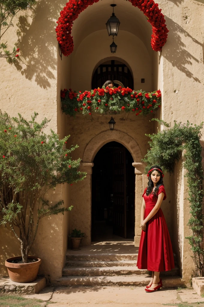 elegant woman, 16 years old, dark hair, red dress, garland on her head, eyes closed, head down, facing the entrance to a hacienda
