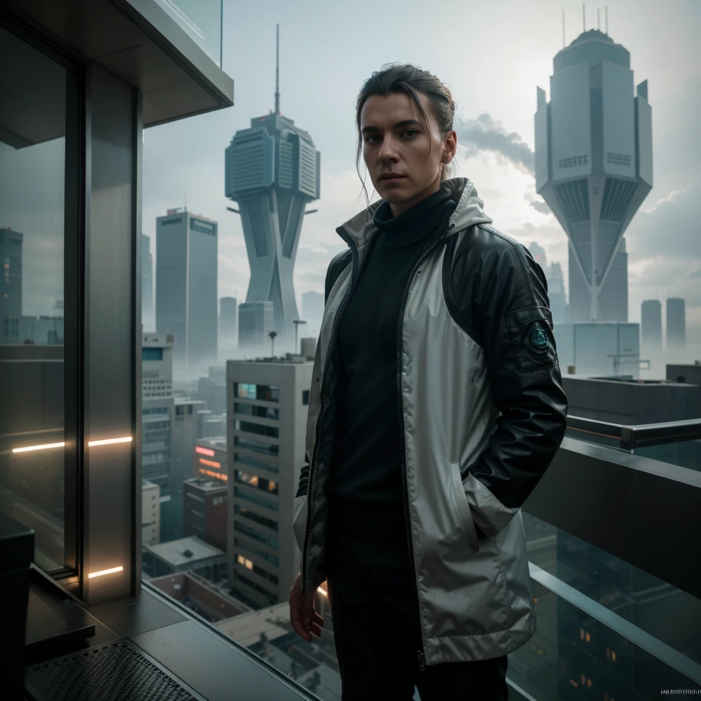 abstract colors, texture, Granularity, skin pores:0.1 Intricately Dramatic Portrait of a Beautiful Science Fiction Scientist, standing on a balcony overlooking a futuristic world. (solarpunk)1.2 cities, foggy morning, cinematic film freeze frame, Blade Runner 2049, punk hairstyle, altered carbon, (analog style)1.3 (Granularity)1.3, Stefan Martinier Vadim Kashin Simon Stalenhag Michal Karch Ismail Incheoglu