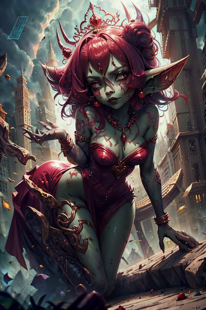 goblin mafia woman, sexy red dress, with queen crown, neckleace, movement pose