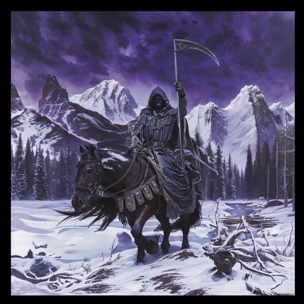 hooded death on horseback with a scythe in the snow, A dark (hooded) figure, with the face of death depicted as a skull, holding an hourglass in his right hand and raising an imposing oz with his left hand, dark fantasy oil painting, cinematic lighting, detailed facial features, detailed clothing, dramatic composition, moody colors, deep shadows, intricate background details, realistic rendering, masterpiece, cinematic lighting, photorealistic, highly detailed, dramatic atmosphere, chiaroscuro, muted color palette, intricate details, mystical and foreboding tone