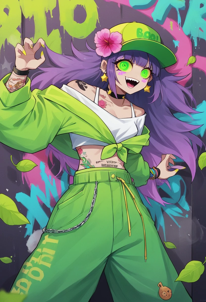 ((long shot, whole body: 1.6)), purple: 1.5, Orange: 1.1, green: 1.3, White: 1.3, yellow: 1.3, (rapper girl with scary hair, Very detailed eyes and body and beautiful baggy loose clothing :1.6), tattoos, (walls with graffiti: 1.2), flower, leaves, born in the fog, Lines, leaning against the wall with a spray paint in her hand, action pose, 32k.