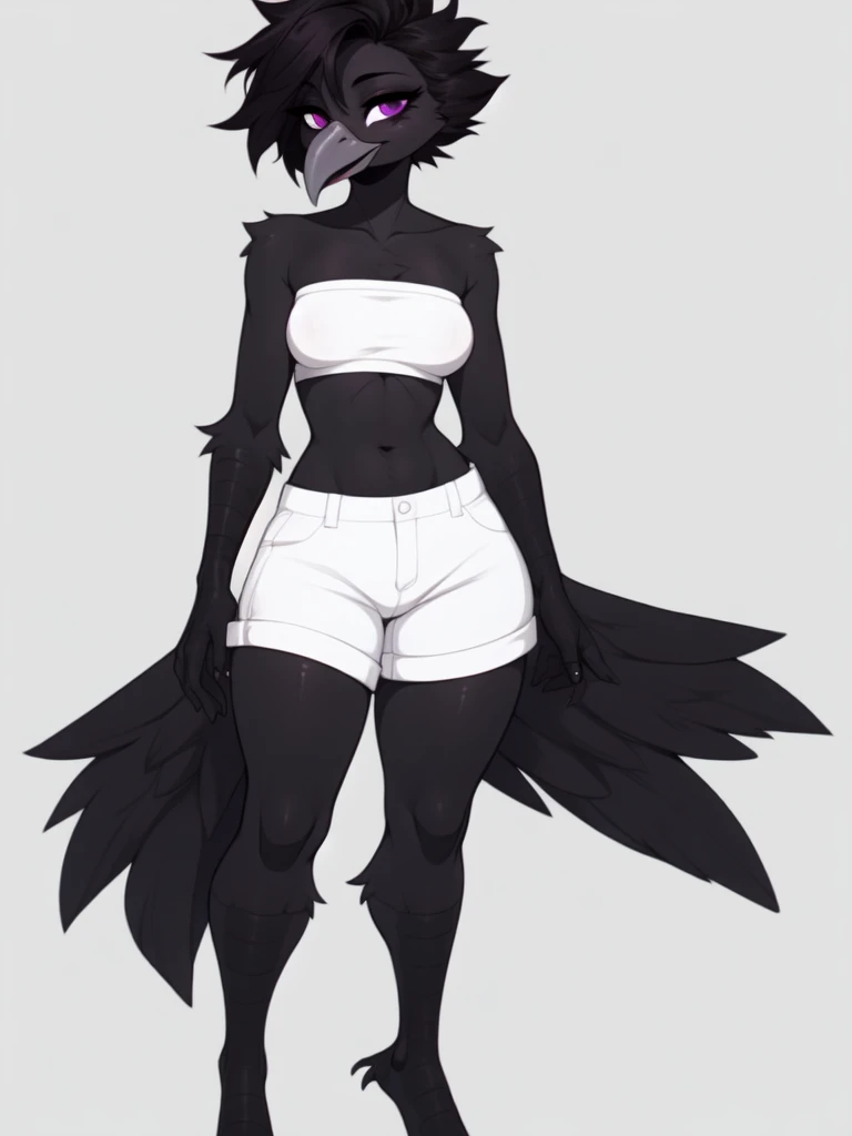 By fumiko, by hyattlen, by claweddrip, flat colors,  an Anthropomorphic avian crow girl, female, small grey beak, tall and slender, small crow tail, black body, standing, white background, purple eyes, short black emo hair, hands with five fingers, wearing white bandeau, white short shorts, full body shot, plantigrade bird feet with three toes,