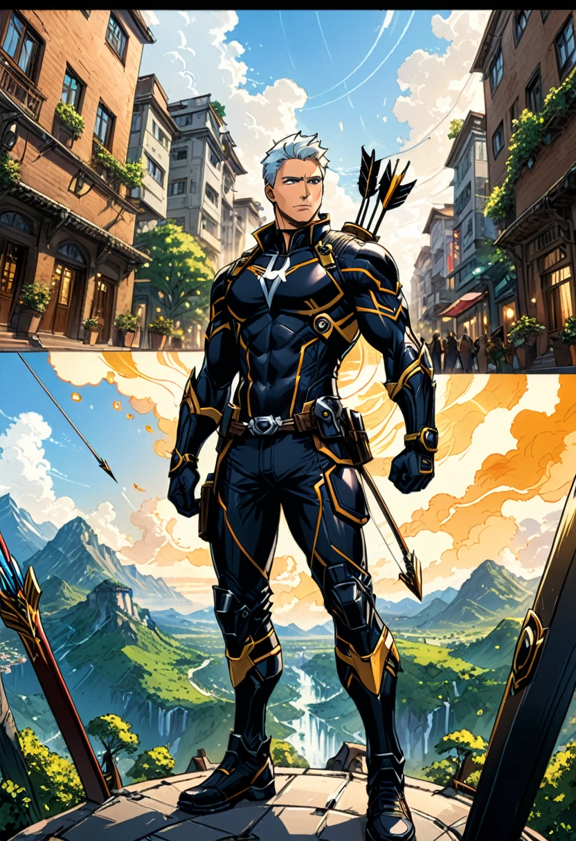 (Archer, bow and arrow), Hawkeye, Comic Book, Marvel movie, full body, (Photography), panoramic view, award-winning, cinematic still, emotional, vignette, dynamic, vivid, (masterpiece, best quality, Professional, perfect composition, very aesthetic, absurdres, ultra-detailed, intricate details:1.3)