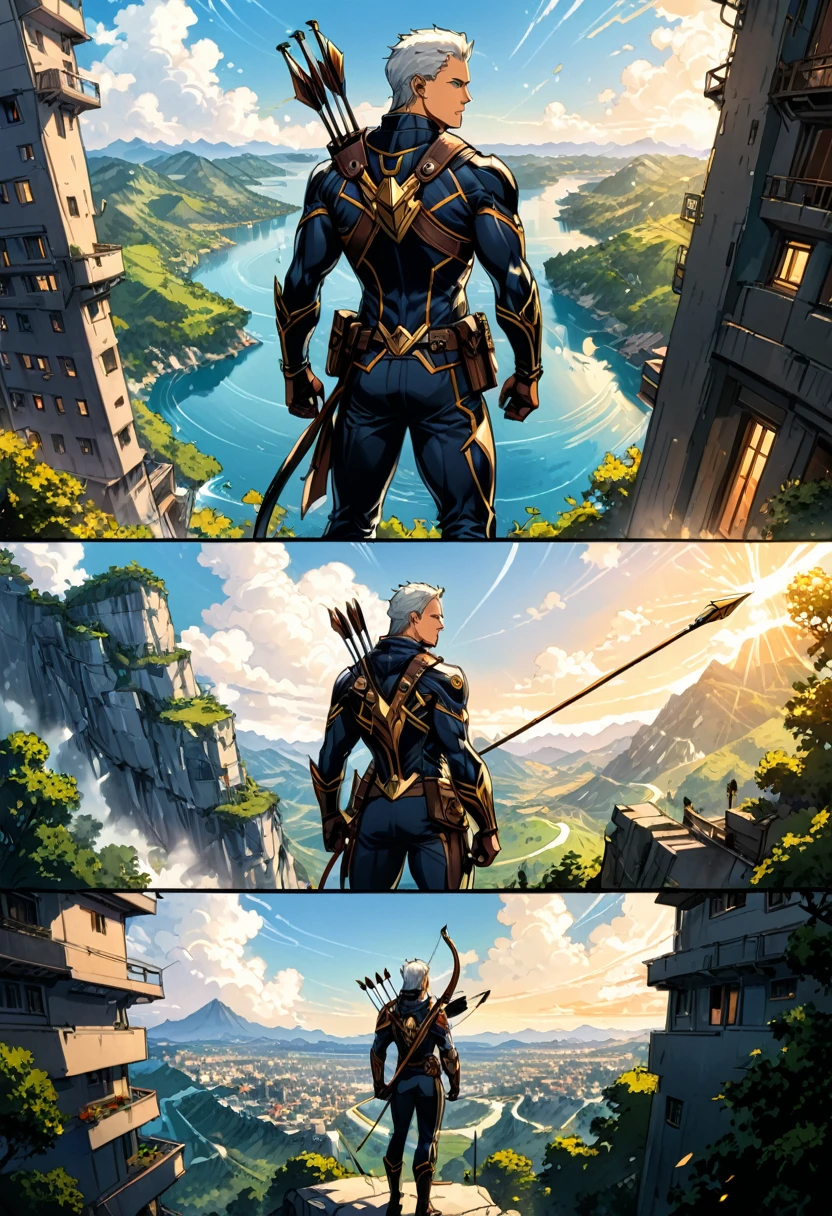 (Archer, bow and arrow), Hawkeye, Comic Book, Marvel movie, full body, (Photography), panoramic view, award-winning, cinematic still, emotional, vignette, dynamic, vivid, (masterpiece, best quality, Professional, perfect composition, very aesthetic, absurdres, ultra-detailed, intricate details:1.3)