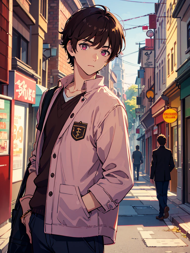 boy, pink eyes, curry brown hair, wear unifrom, background in town. handsome man.