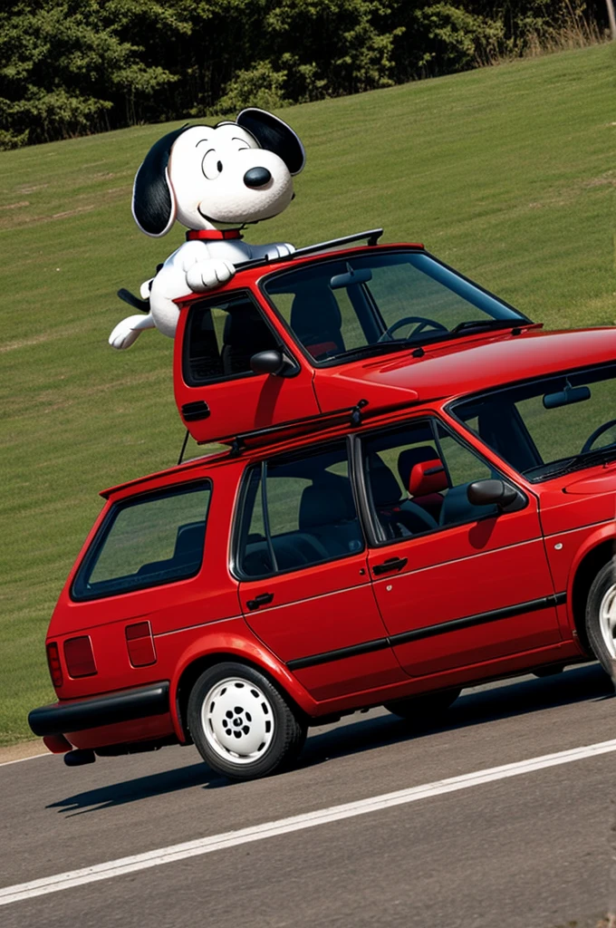 Snoopy driving red Volkswagen Golf 