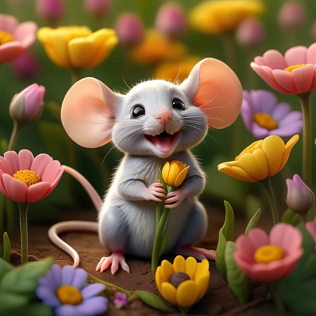 a baby mouse in a diaper sucking its own finger, sitting in a field of colorful flowers, curled up in a fetal position, from above, 1 mouse, realistic, photorealistic, photo-realistic:1.37, (best quality,4k,8k,highres,masterpiece:1.2),ultra-detailed,(realistic,photorealistic,photo-realistic:1.37),macro shot,highly detailed, intricate details, soft lighting, lush flowers, vibrant colors, dynamic composition, shallow depth of field, adorable, whimsical