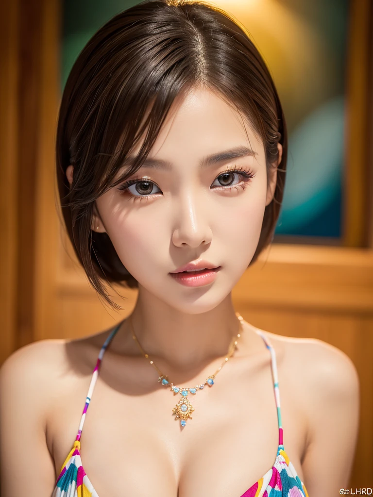 a beautiful young korean idol woman, 1girl, extremely detailed eyes, long eyelashes, beautiful detailed lips, flawless skin, elegant expression, intricate jewelry, detailed clothing, short bob blonde hair, bikini, beautiful beach, cleavage, small breasts, (best quality,4K,8K,highres,masterpiece:1.2),ultra-detailed,(realistic,photorealistic,photo-realistic:1.37),studio lighting,HDR,vivid colors,professional photography
