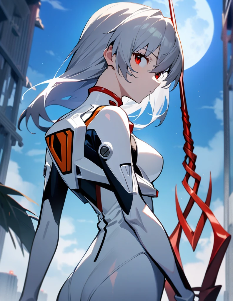 1girl, Rei Ayanami, Neon Genesis Evangelion, Rebuild of Evangelion, Lance of Longinus, Full moon, Plug suit, Pilot suit, White bodysuit, Standing, 00 on chest, Looking backwards, Face turned to gaze, , looking at viewer, outdoors, masterpiece, top quality, very beautiful, absurd