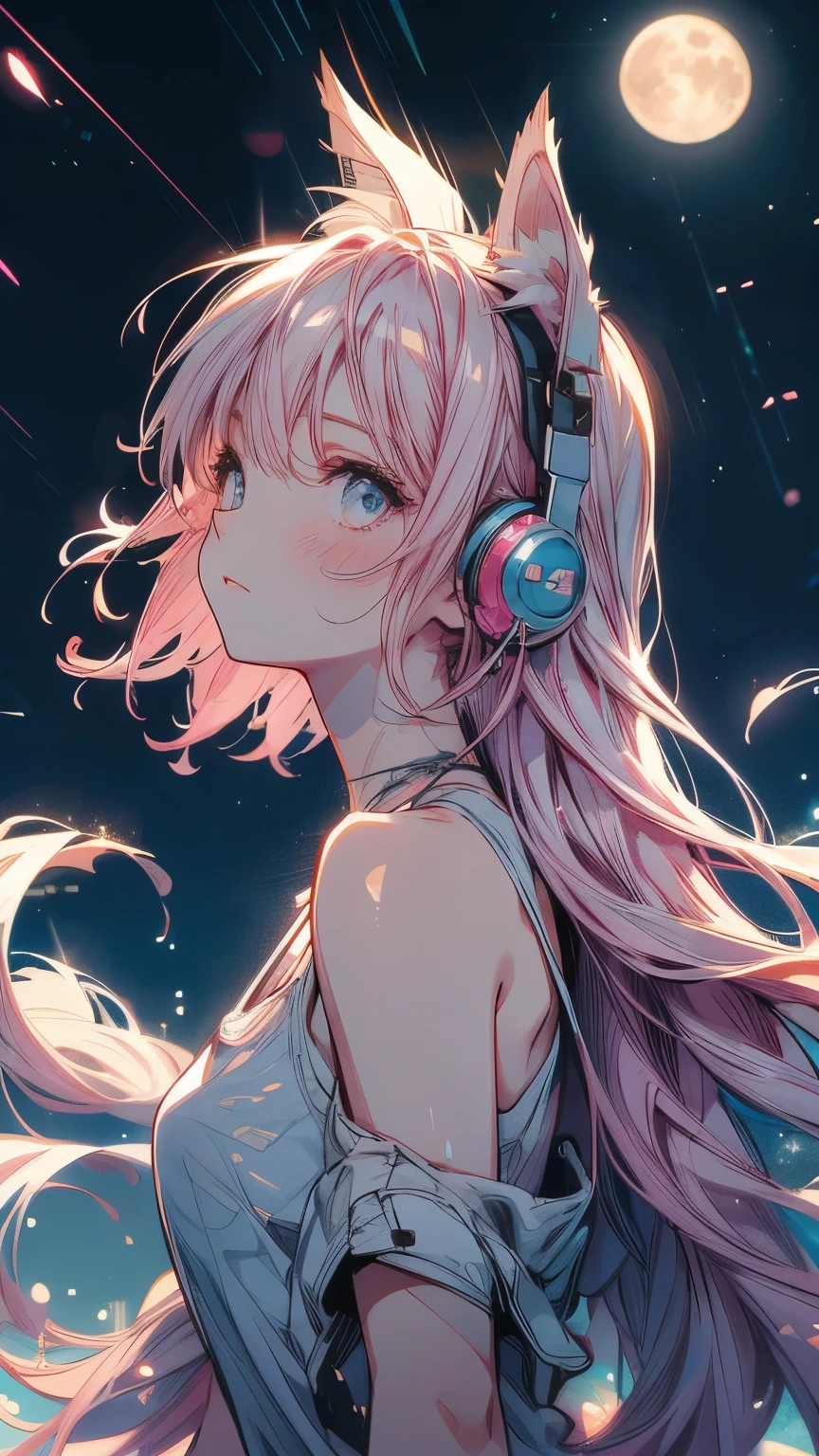 Pink Hair,whole body,Forward-facing angle,Wearing a white tank top,Light clothing in summer,night starry sky background,Sad expression,Double Tail,headphone,night,moon,Star,Meteor,Looking up at the stars,Full moon,Many Stars,milky way