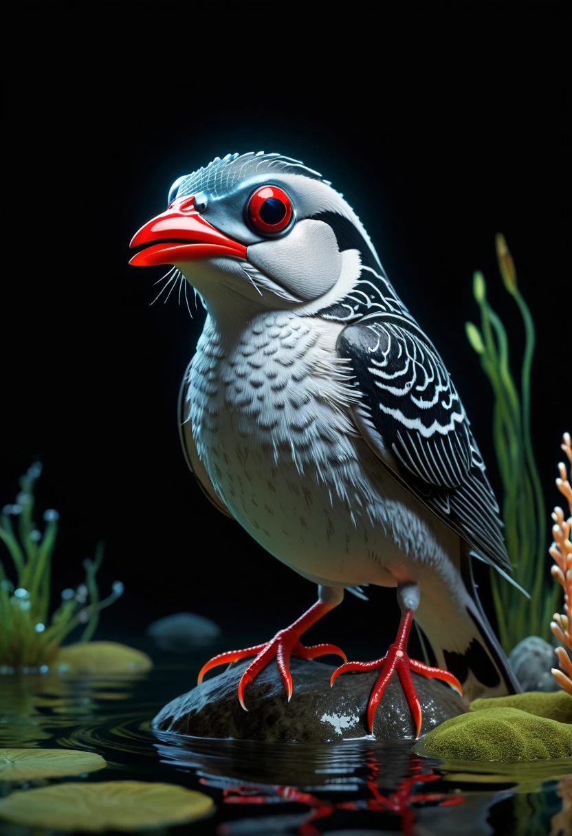 Front view,There is a red fish in the water,Human head,The body of a fish,Mysterious Creatures, shrike, (best quality,4K,8K,High level,masterpiece:1.2),Ultra Detailed,(lifelike,Photo real,Photo real:1.37),Highly detailed animals,Complex patterns,Dramatic lighting,Fantasy Creatures