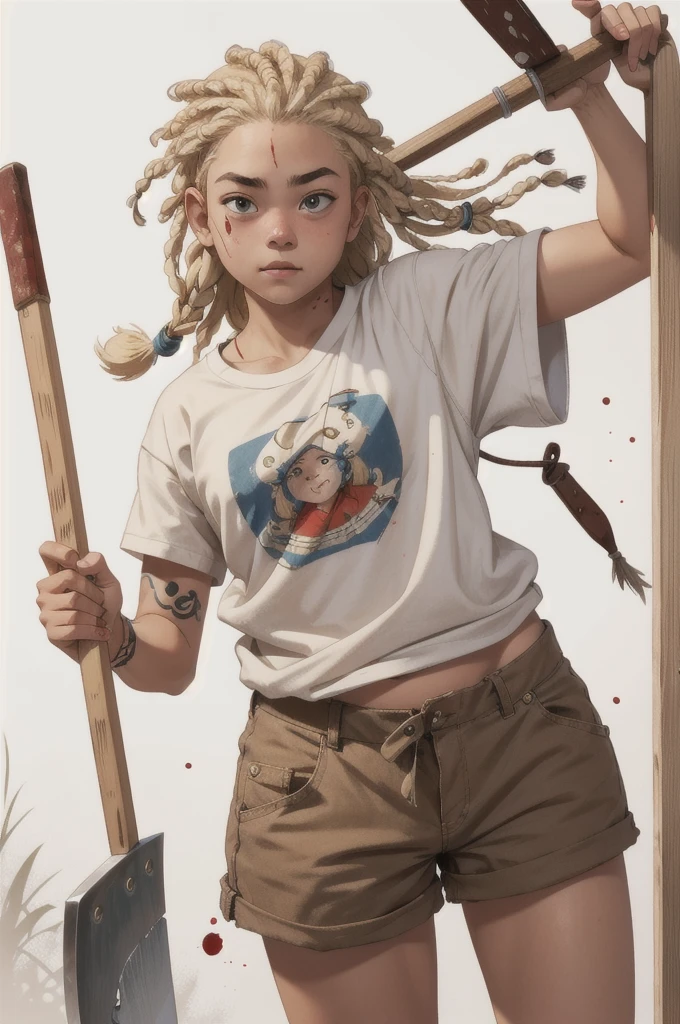 16 year old with very loose street style clothes and white skin, blonde short dreadlocks in her hair and holding an ax with the wooden handle, a little chubby with just a tattoo on her left arm, wound with a lot of blood