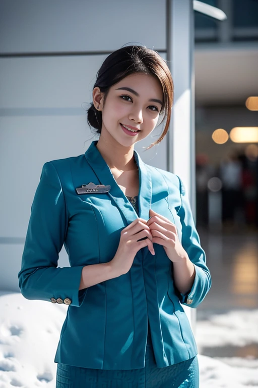 (A beautiful Chindo woman, age 22, she's a Air stewardess wearing garudaindonesia uniform, arriving at Incheon Int'l Airport, kind expression, dimpled smile, cute snaggle-tooth, beautiful detailed face, beautiful detailed eyes, ample round bosom, french twist hairstyle, photorealistic, hyper-realism, high contrast, ultra HD, realistic skin textures, top image quality, top-quality, super high resolution, fine details, very meticulously, masterpiece, head to hips, the cowboy shot, calming atmosphere, bokeh snow background)