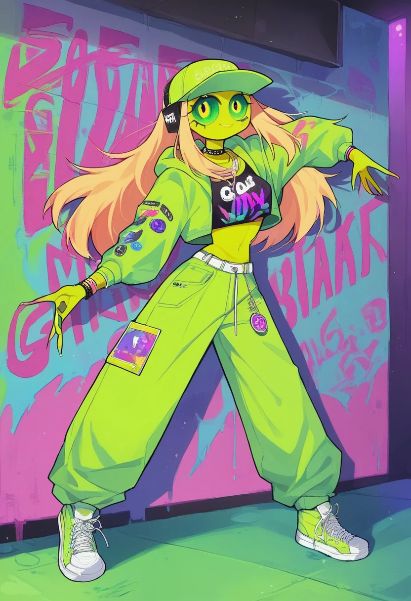 ((long shot, full body: 1.6)), purple: 1.5, orange: 1.1, green: 1.3, White: 1.3, yellow: 1.3, (rapper girl with scary hair, highly detailed eyes and body and beautiful baggy and baggy clothes :1.6), tattoos, (walls with Graffiti: 1.2), flower, Leaves, born in the mist, lines, leaning on the wall with a spray paint in her hand, action pose, 32K.