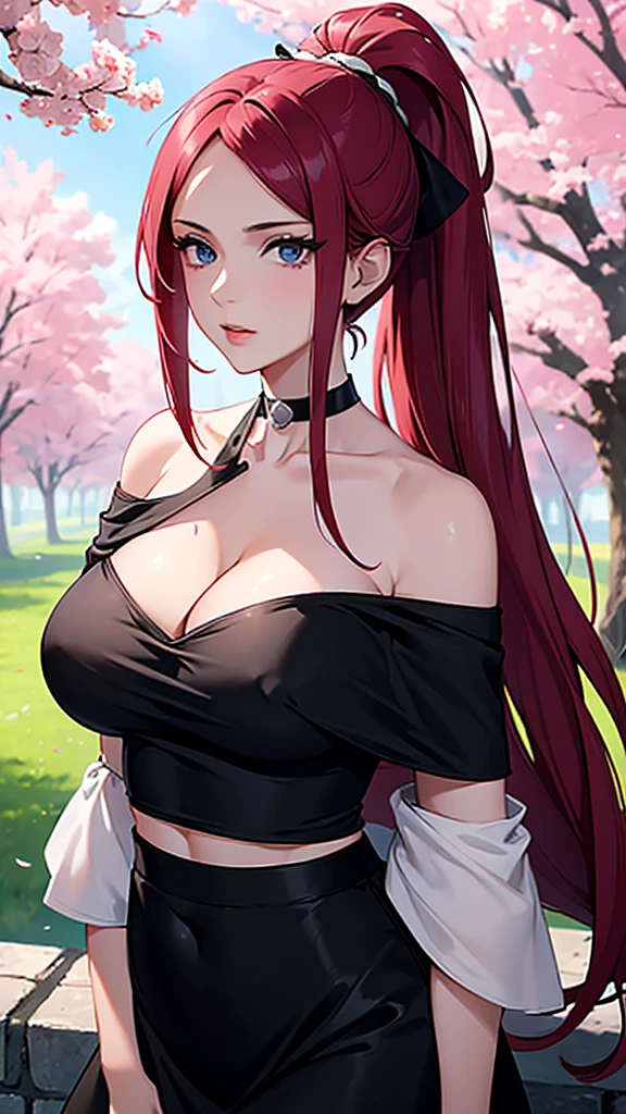 best quality, highres,uzumaki_kushina,Slender、small face、blue eyes、tall、In town、long hair、ponytail,(white short sleeve t-shirt:1.4 BREAK)、(black skirt:1.2)、(beautiful woman:1.6)、25 years old、Mature、midriff peek,(off-the-shoulder:1.7)、(I can see the cleavage:1.7),face on front , standing,cherry trees,full body shot,huge breast, cleavage,navel
