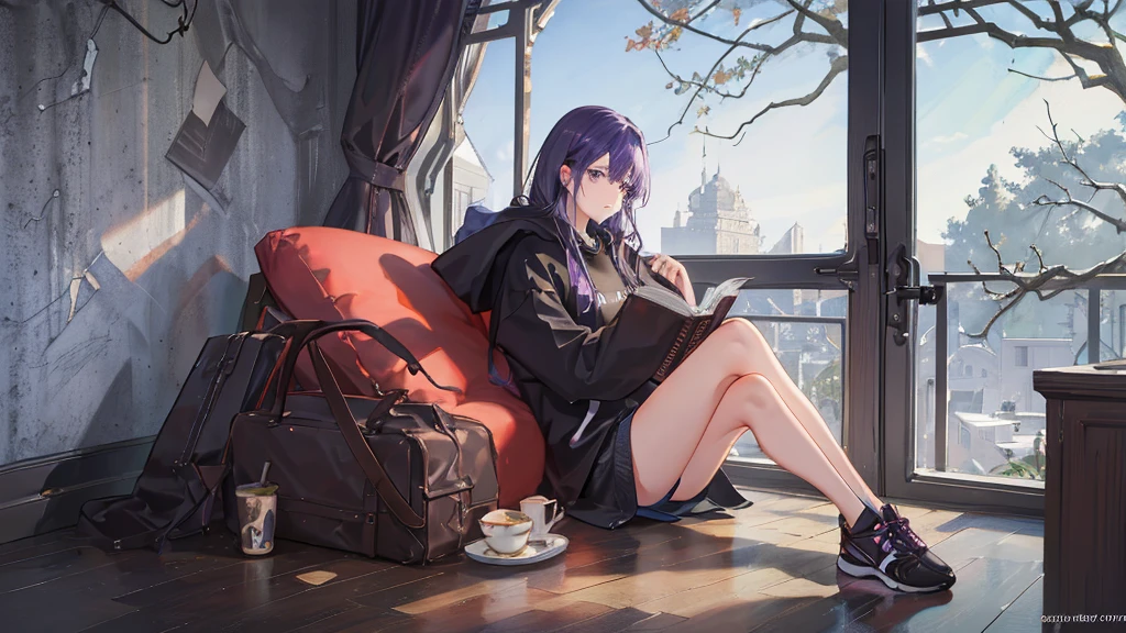  1male, reading a book, holding a a cup of tea, wearing hoodie, sitting cross your leg, behind you there is a window, wear black sport shoes, purple hair, fullbody, look at you, body facing forward, single chair, the window will have a crack as well to fit the damaged wall of the house,