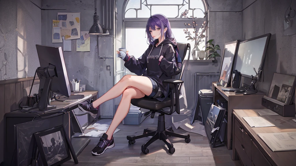  1male, reading a book, holding a a cup of tea, wearing hoodie, sitting cross your leg, behind you there is a window, wear black sport shoes, purple hair, fullbody, look at you, body facing forward, single chair, the window will have a crack as well to fit the damaged wall of the house,