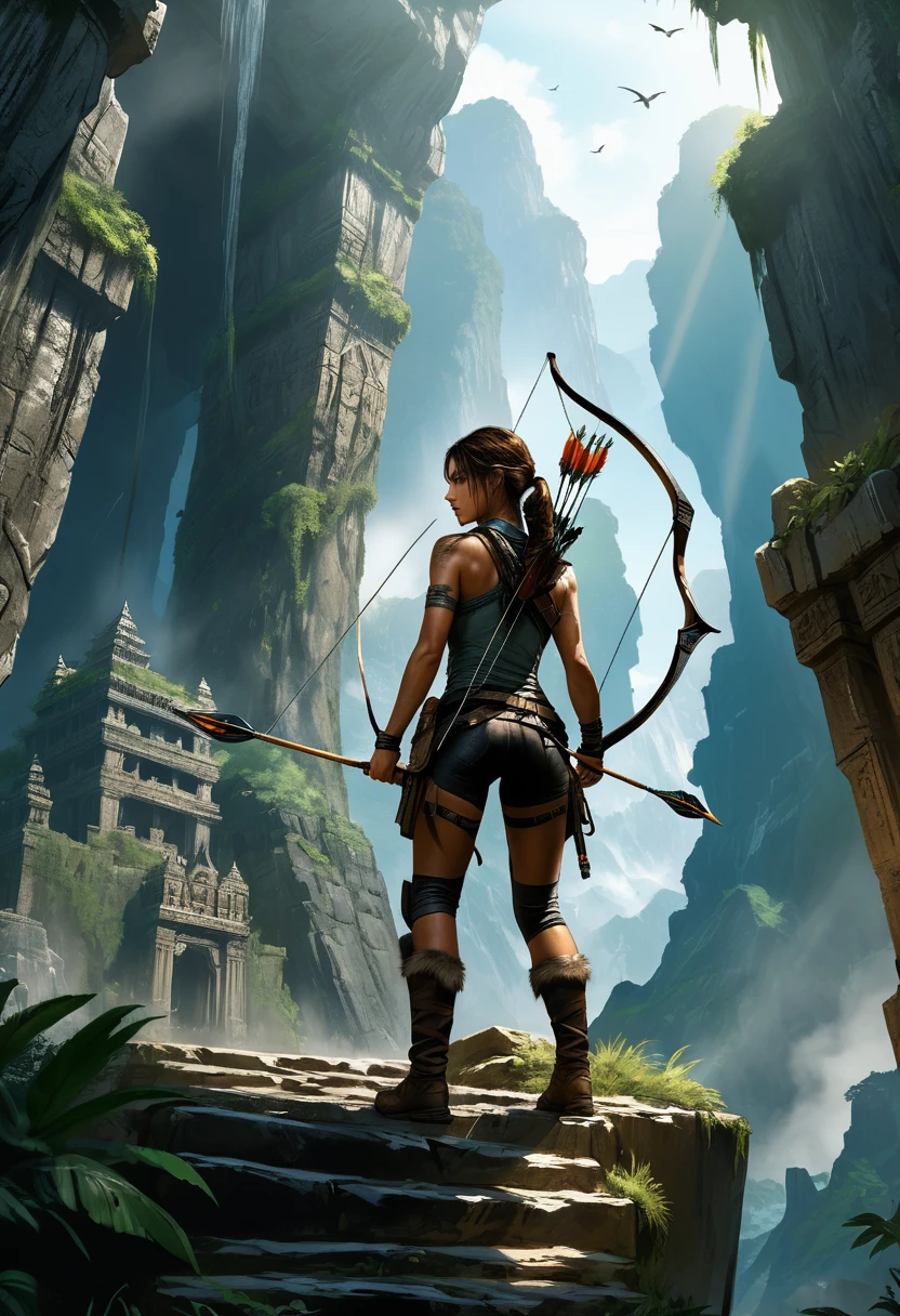 (Archer, bow and arrow), girl, Tomb Raider, movie, full body, (Photography), panoramic view, award-winning, cinematic still, emotional, vignette, dynamic, vivid, (masterpiece, best quality, Professional, perfect composition, very aesthetic, absurdres, ultra-detailed, intricate details:1.3)