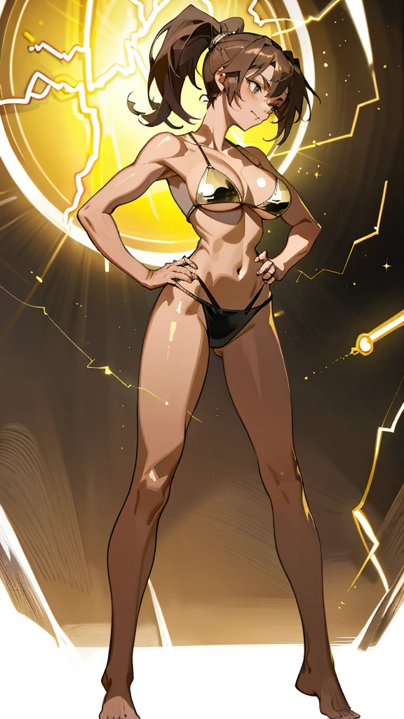 Masterpiece, best quality, Masterpiece, best quality, 1 woman, brown hair ponytail , sly face , smile , gold bikini , abdomen, big breasts , Long legs , Barefoot , hands on hips , electricity background , nighttime